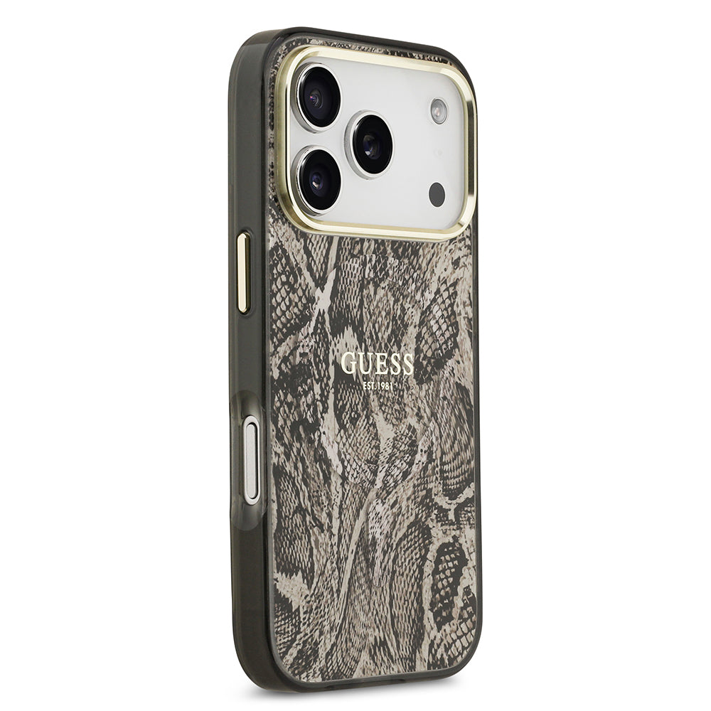 Apple iPhone 17 Pro Max Kılıf Guess Orjinal Lisanslı M-safe Şarj Özellikli Yazı Logolu Python Desenli Kapak