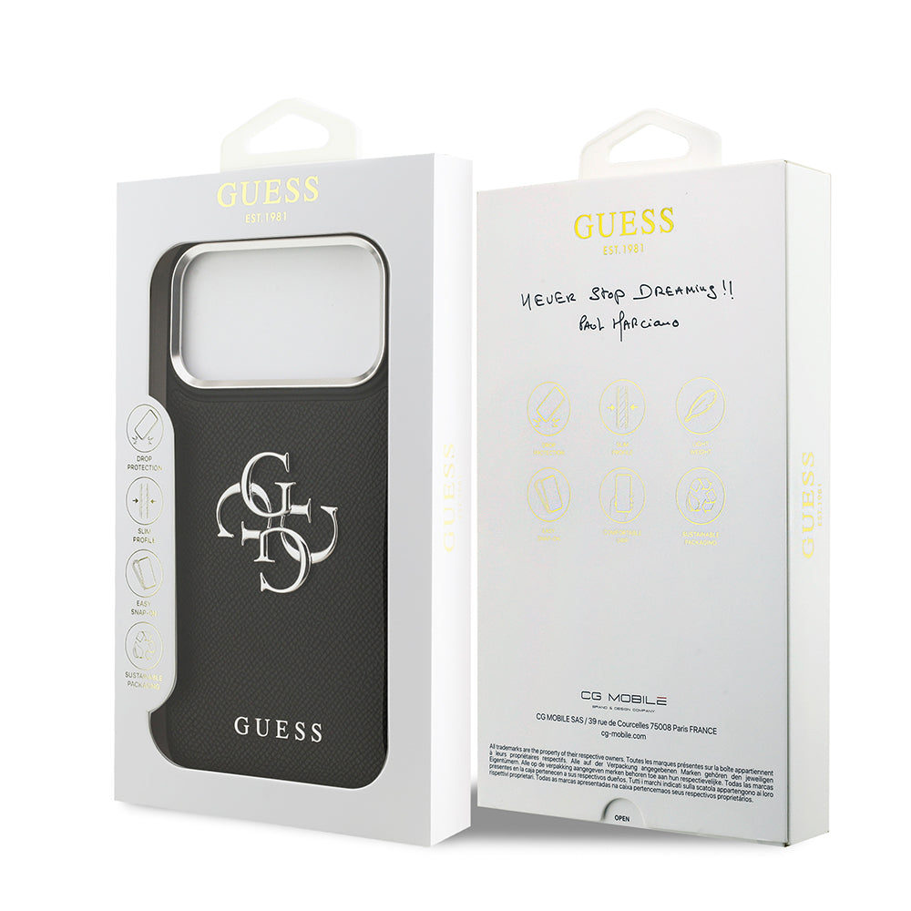 Apple iPhone 17 Pro Max Kılıf Guess Orjinal Lisanslı Metal Kamera Çerçeveli Metal Büyük 4G ve Yazı Logolu PU Deri Kapak