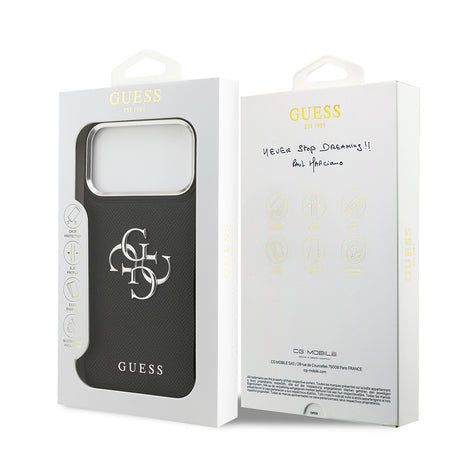 Apple iPhone 17 Pro Max Kılıf Guess Orjinal Lisanslı Metal Kamera Çerçeveli Metal Büyük 4G ve Yazı Logolu PU Deri Kapak