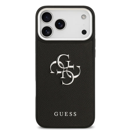 Apple iPhone 17 Pro Max Kılıf Guess Orjinal Lisanslı Metal Kamera Çerçeveli Metal Büyük 4G ve Yazı Logolu PU Deri Kapak
