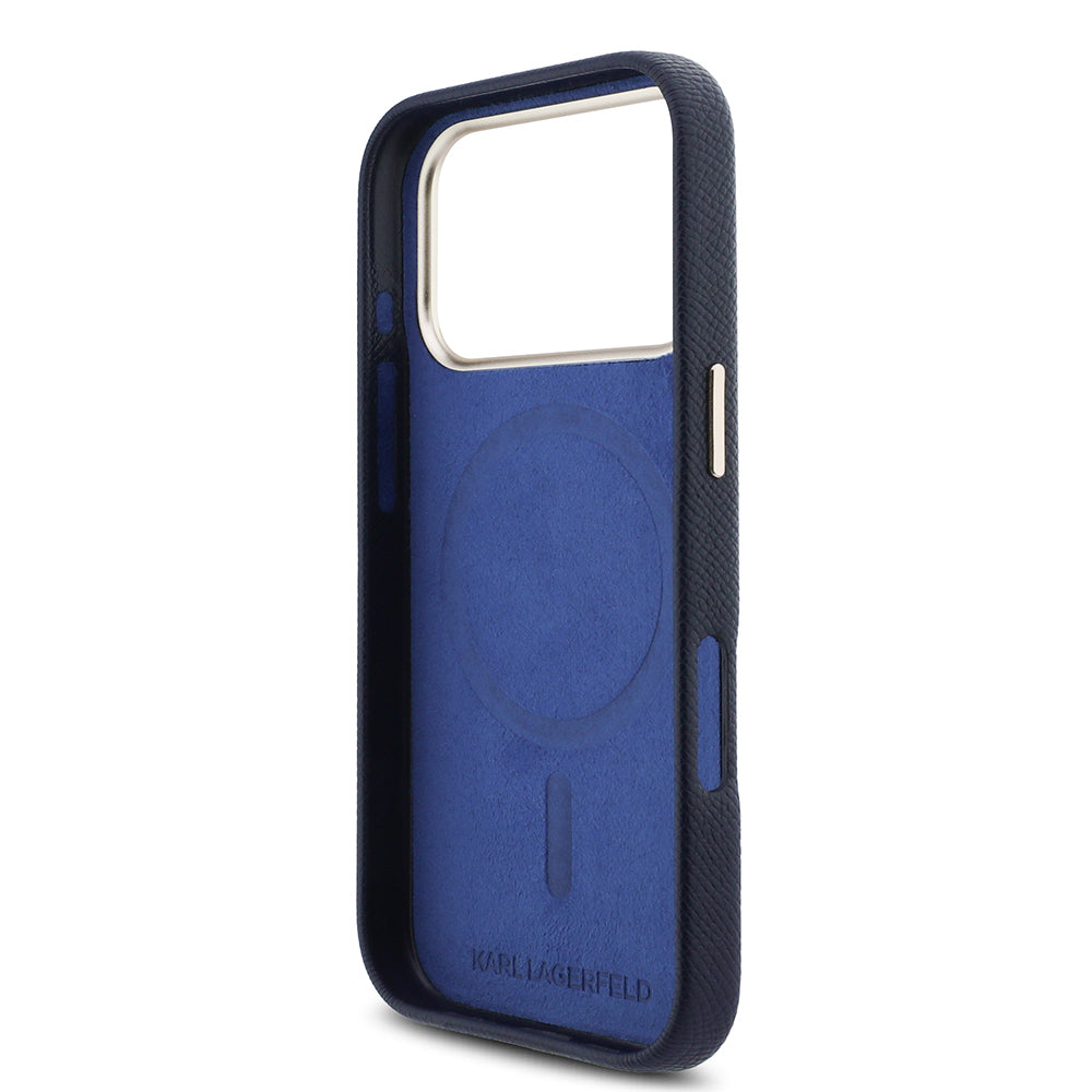 Apple iPhone 17 Pro Max Kılıf Karl Lagerfeld Orjinal Lisanslı M-safe Şarj Özellikli Gold Kamera Çerçeveli KHEAD Metal Logolu PU Deri Kapak