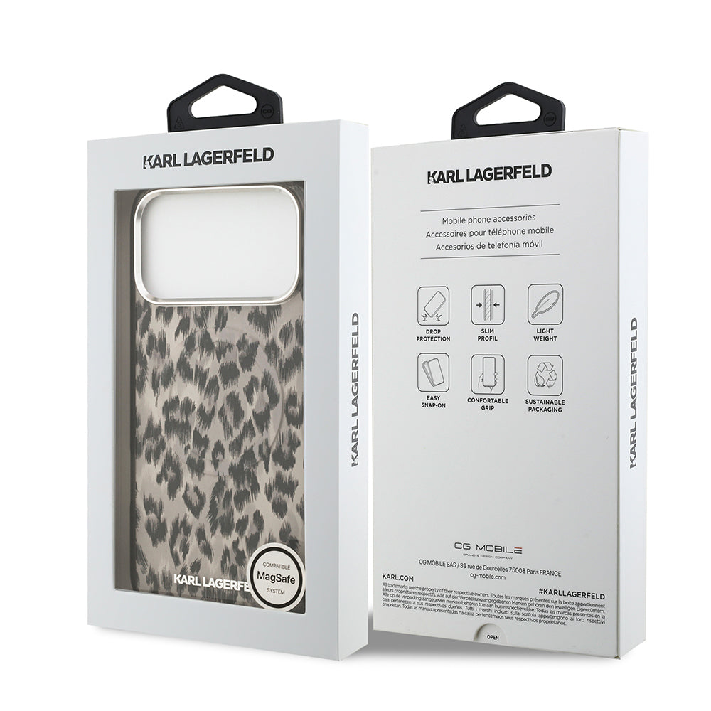 Apple iPhone 17 Pro Max Kılıf Karl Lagerfeld Orjinal Lisanslı M-safe Şarj Özellikli IML Leopar Baskılı Kapak