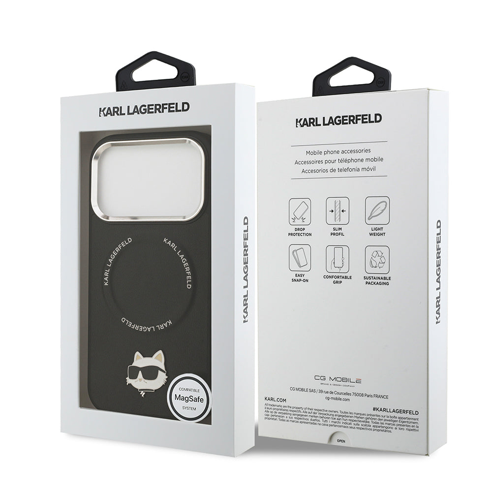Apple iPhone 17 Pro Max Kılıf Karl Lagerfeld Orjinal Lisanslı M-safe Şarj Özellikli Metal Kamera ve Buton Tasarımlı Choupette PU Deri Kapak