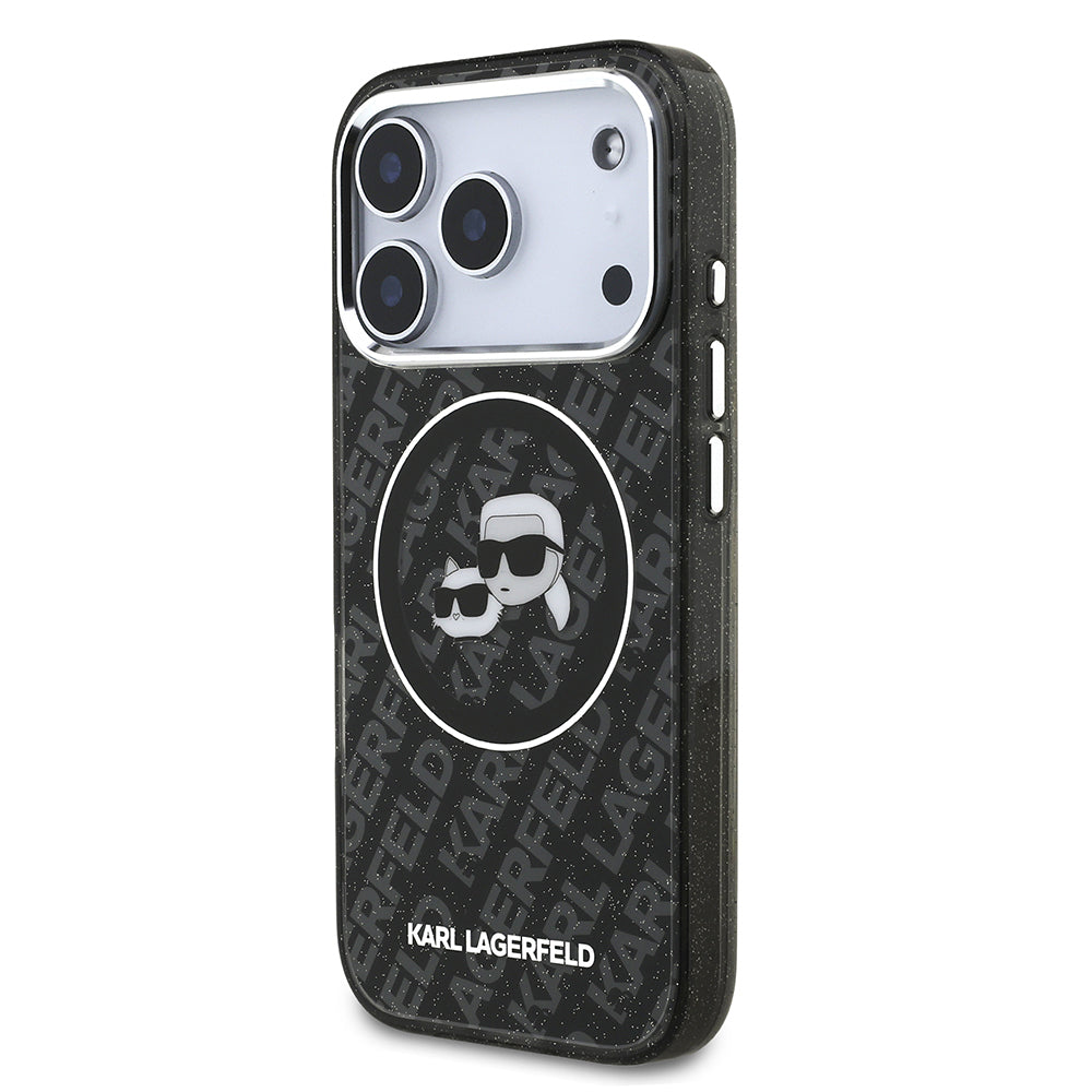 Apple iPhone 17 Pro Max Kılıf Karl Lagerfeld Orjinal Lisanslı Parlayan Simli Karl & Choupette Heads Kapak