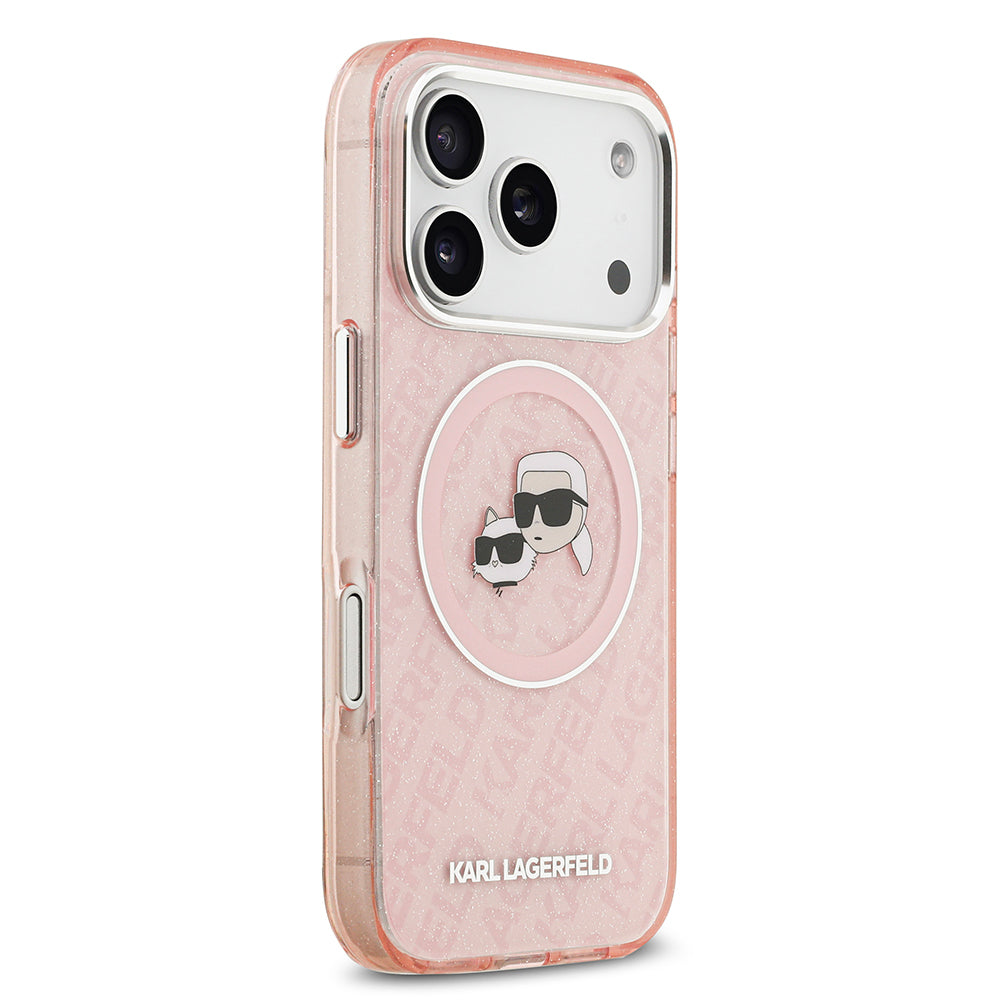 Apple iPhone 17 Pro Max Kılıf Karl Lagerfeld Orjinal Lisanslı Parlayan Simli Karl & Choupette Heads Kapak