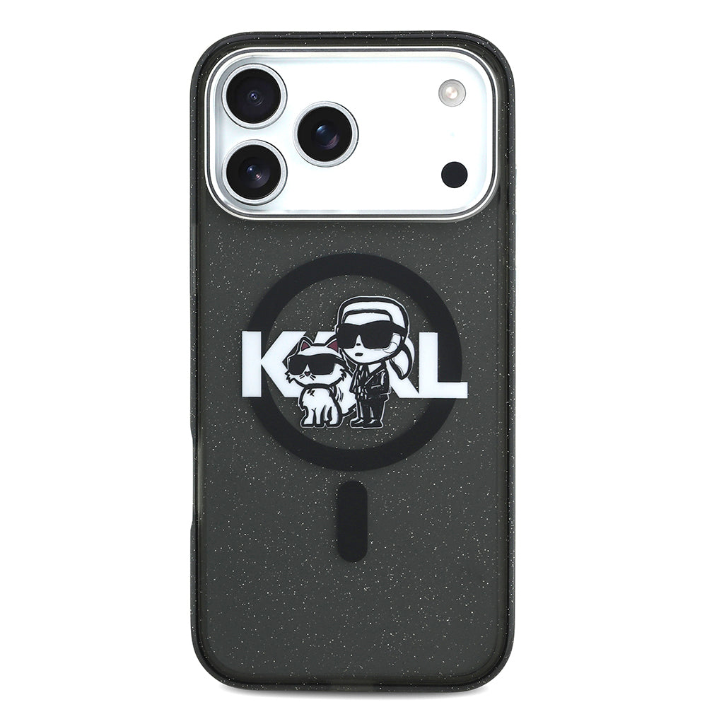 Apple iPhone 17 Pro Max Kılıf Karl Lagerfeld Orjinal Lisanslı Parlayan Simli Karl & Choupette Sketch Logo Kapak