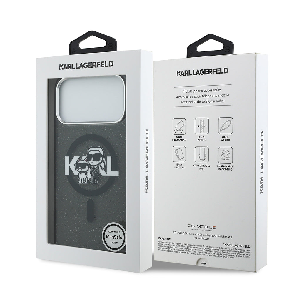 Apple iPhone 17 Pro Max Kılıf Karl Lagerfeld Orjinal Lisanslı Parlayan Simli Karl & Choupette Sketch Logo Kapak