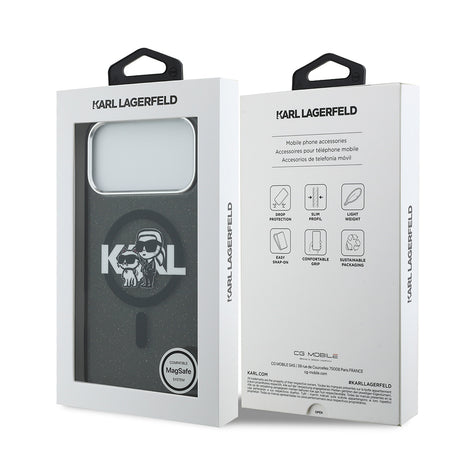 Apple iPhone 17 Pro Max Kılıf Karl Lagerfeld Orjinal Lisanslı Parlayan Simli Karl & Choupette Sketch Logo Kapak