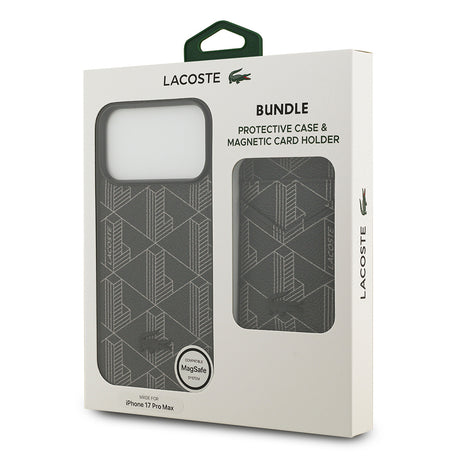 Apple iPhone 17 Pro Max Kılıf Lacoste Orjinal Lisanslı M-safe Şarj Özellikli PU Deri Tasarımlı Kartlıklı Karışık Monogram Desenli Kapak