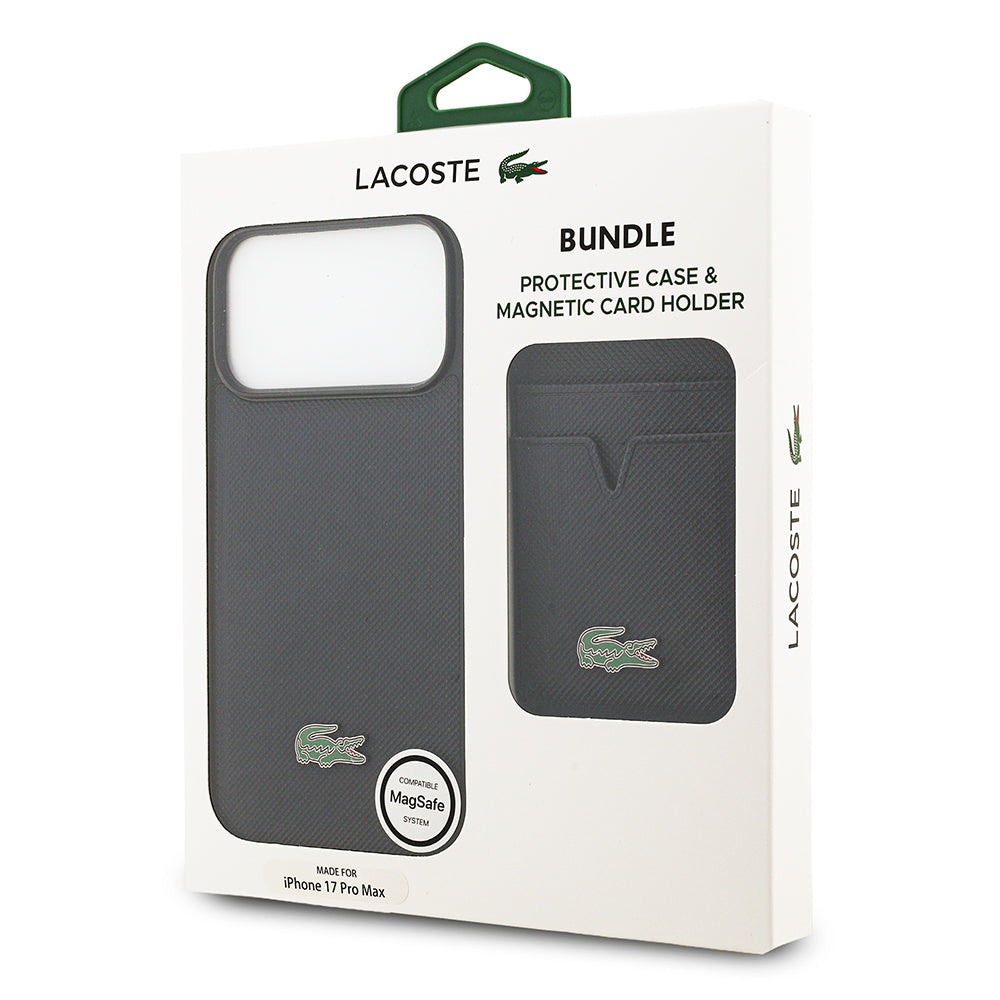 Apple iPhone 17 Pro Max Kılıf Lacoste Orjinal Lisanslı M-safe Şarj Özellikli PU Pike Desenli Metal Logolu Kartlıklı Kapak