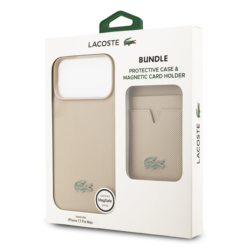 Apple iPhone 17 Pro Max Kılıf Lacoste Orjinal Lisanslı M-safe Şarj Özellikli PU Pike Desenli Metal Logolu Kartlıklı Kapak