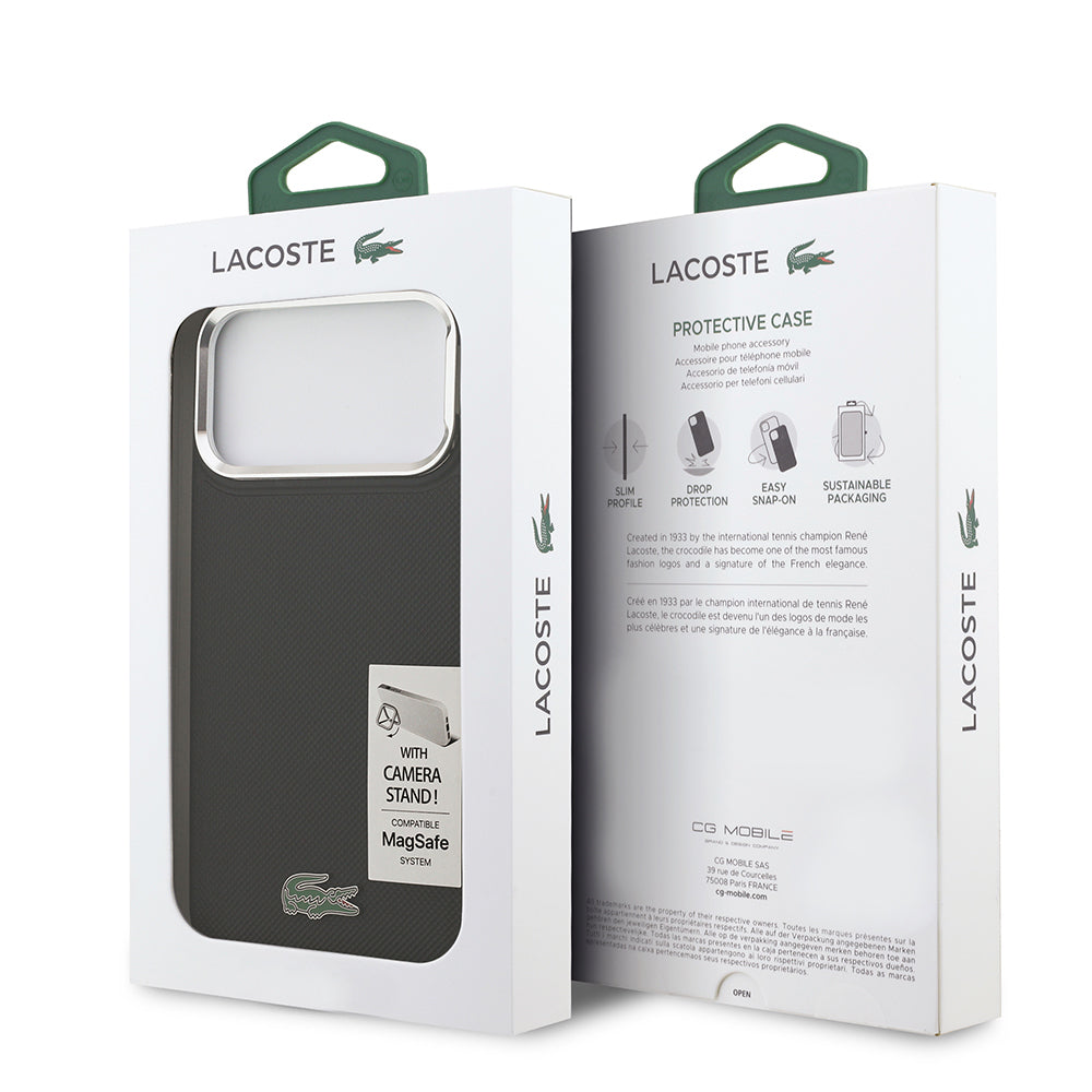 Apple iPhone 17 Pro Max Kılıf Lacoste Orjinal Lisanslı M-safe Şarj Özellikli PU Pike Desenli Standlı Metal Logolu Kapak