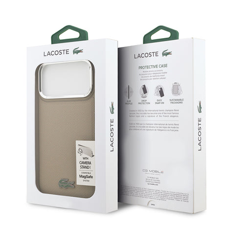 Apple iPhone 17 Pro Max Kılıf Lacoste Orjinal Lisanslı M-safe Şarj Özellikli PU Pike Desenli Standlı Metal Logolu Kapak