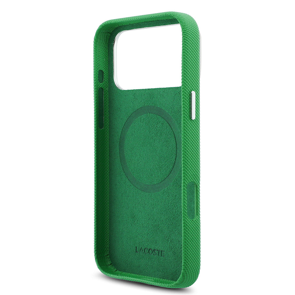 Apple iPhone 17 Pro Max Kılıf Lacoste Orjinal Lisanslı M-Safe Şarj Özellikli PVC Pike Desenli Arka Yüzey İkonik Timsah Dokuma Logolu Kapak
