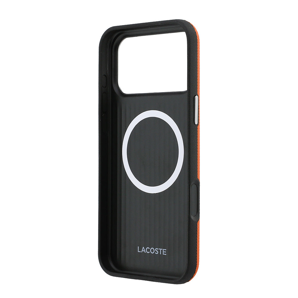 Apple iPhone 17 Pro Max Kılıf Lacoste Orjinal Lisanslı M-Safe Şarj Özellikli PVC Yarı Pike Desenli Arka Yüzey İkonik Timsah Dokuma Logolu Kapak