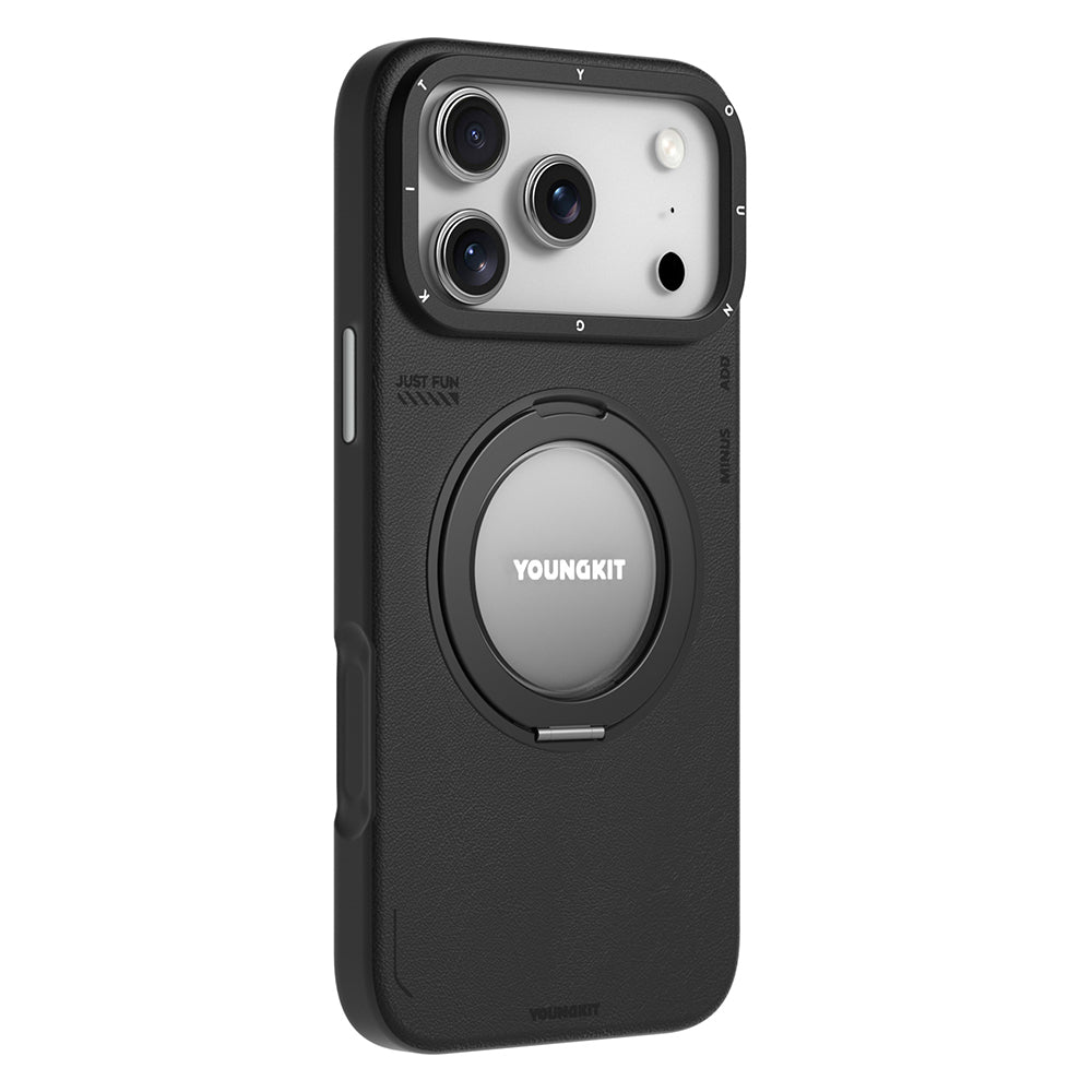 Apple iPhone 17 Pro Max Kılıf M-safe Şarj Özellikli 360 Derece Standlı Basit Mat Deri Desenli Youngkit Tech Leather Serisi Kapak