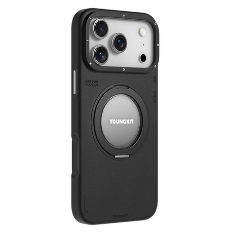 Apple iPhone 17 Pro Max Kılıf M-safe Şarj Özellikli 360 Derece Standlı Basit Mat Deri Desenli Youngkit Tech Leather Serisi Kapak