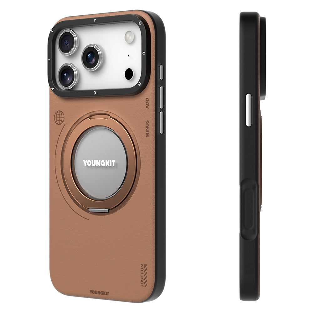 Apple iPhone 17 Pro Max Kılıf M-safe Şarj Özellikli 360 Derece Standlı Basit Mat Deri Desenli Youngkit Tech Leather Serisi Kapak