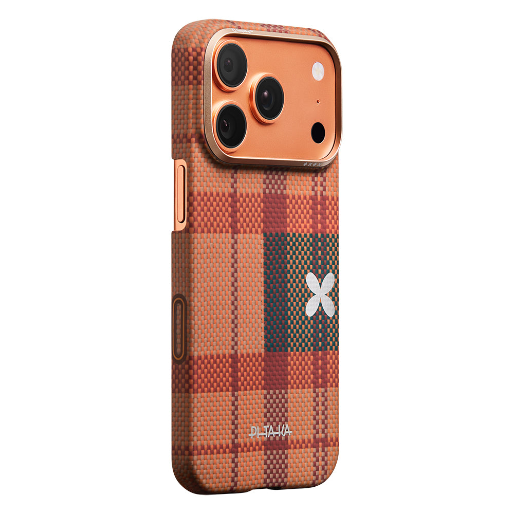 Apple iPhone 17 Pro Max Kılıf M-safe Şarj Özellikli Aramid Karbon Fiber Pitaka Flora in Grid Serisi Kapak