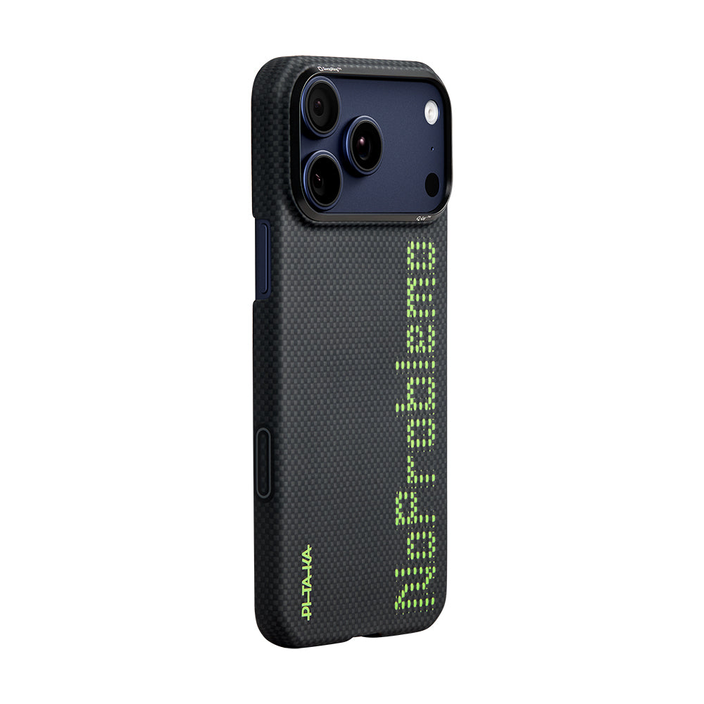Apple iPhone 17 Pro Max Kılıf M-safe Şarj Özellikli Lumintex Teknolojili Fosforlu Aramid Karbon Fiber Pitaka Tactile Woven Aries Serisi Kapak