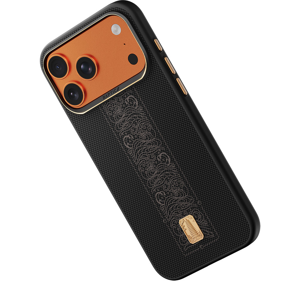 Apple iPhone 17 Pro Max Kılıf M-safe Şarj Özellikli Raptic Aramid Dual Rise Serisi 24 Ayar Altın Kaplamalı Karbon Kapak