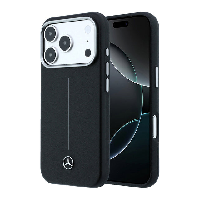 Apple iPhone 17 Pro Max Kılıf Mercedes Benz Orjinal Lisanslı M-safe Şarj Özellikli Metal Yıldız Logolu Çizgili Deri Kapak