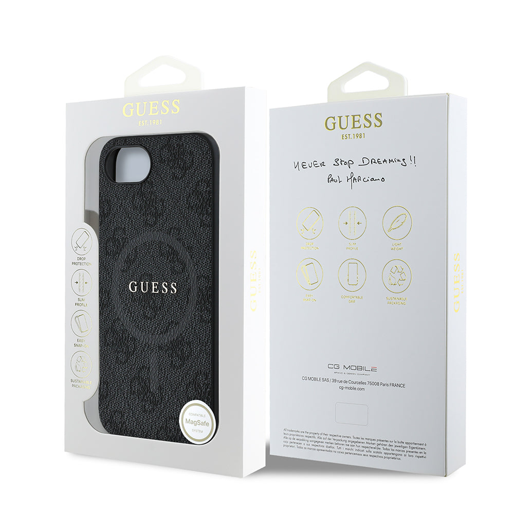 Apple iPhone 17E Kılıf Guess Orjinal Lisanslı M-safe Şarj Özellikli PU Halkalı 4G Desenli Yazı Logolu Kapak