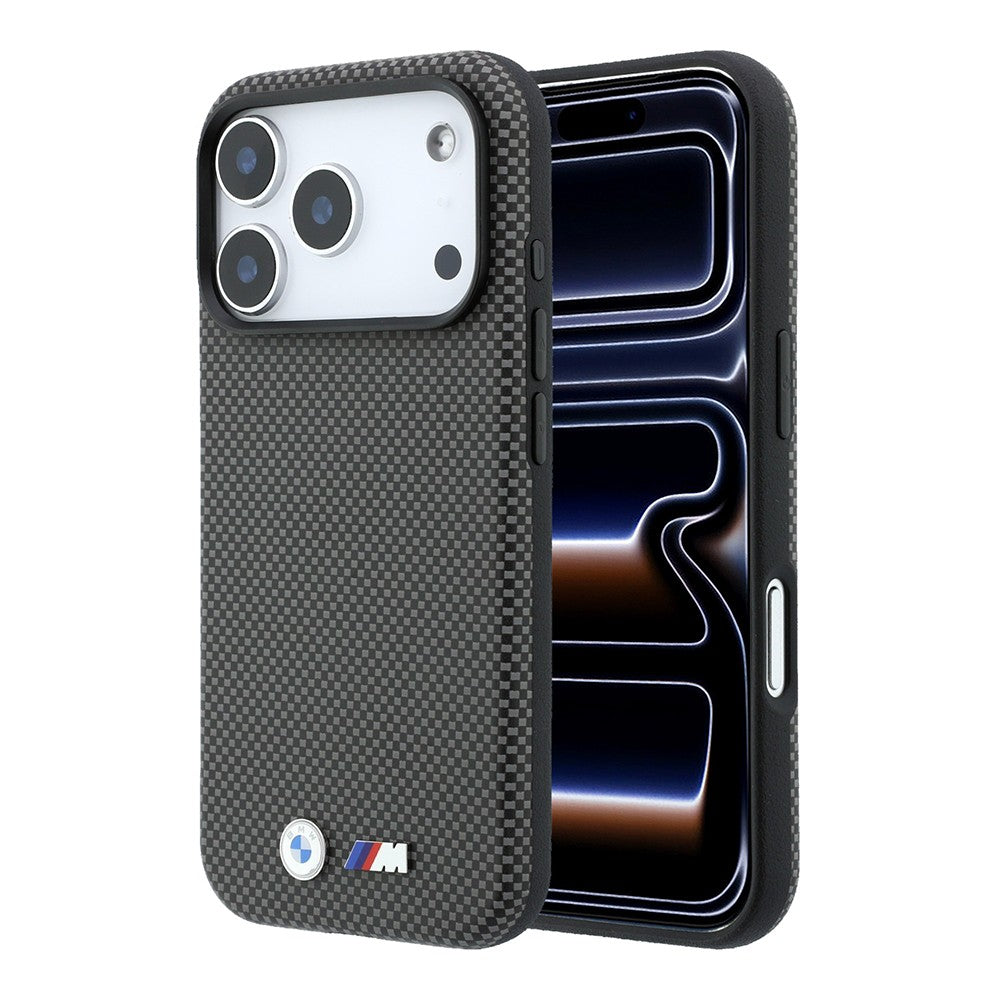 Apple iPhone 18 Pro Kılıf BMW Orjinal Lisanslı M-safe Şarj Özellikli Metal Logolu Karbon Fiber Kevlar Kapak
