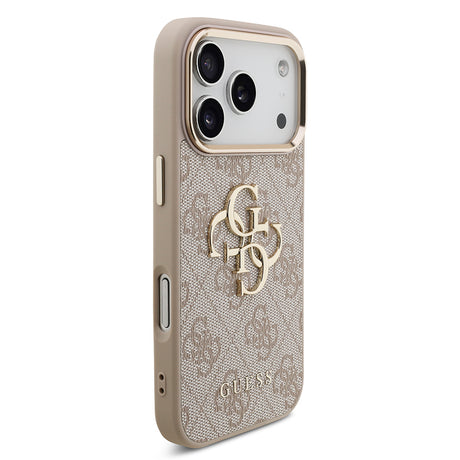 Apple iPhone 18 Pro Kılıf Guess Orjinal Lisanslı Gold Metal Kamera Çerçeveli 4G Desenli Metal Büyük 4G ve Yazı Logolu Kapak