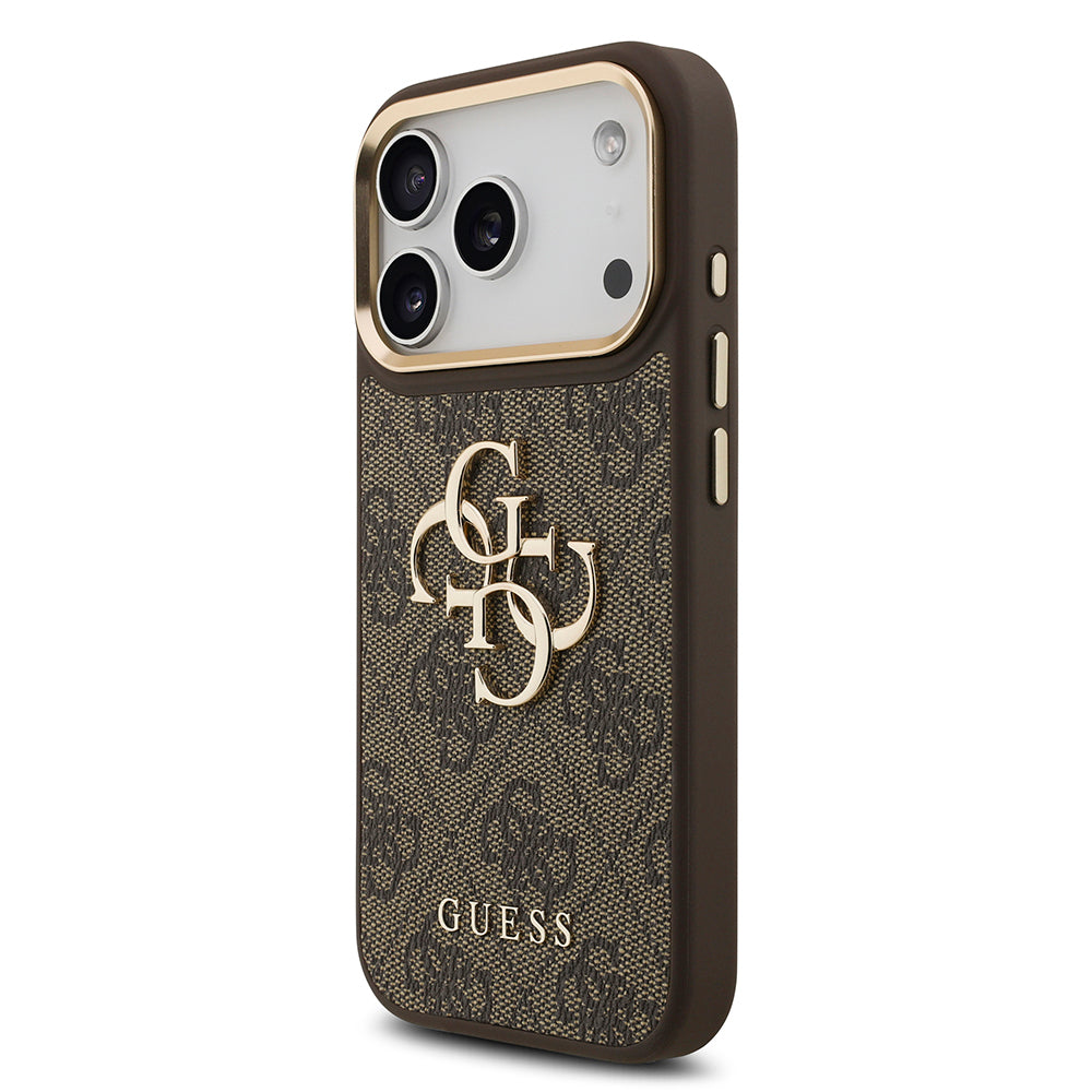 Apple iPhone 18 Pro Kılıf Guess Orjinal Lisanslı Gold Metal Kamera Çerçeveli 4G Desenli Metal Büyük 4G ve Yazı Logolu Kapak
