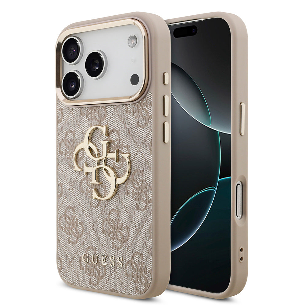 Apple iPhone 18 Pro Kılıf Guess Orjinal Lisanslı Gold Metal Kamera Çerçeveli 4G Desenli Metal Büyük 4G ve Yazı Logolu Kapak