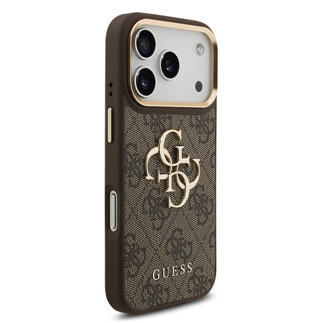 Apple iPhone 18 Pro Kılıf Guess Orjinal Lisanslı Gold Metal Kamera Çerçeveli 4G Desenli Metal Büyük 4G ve Yazı Logolu Kapak