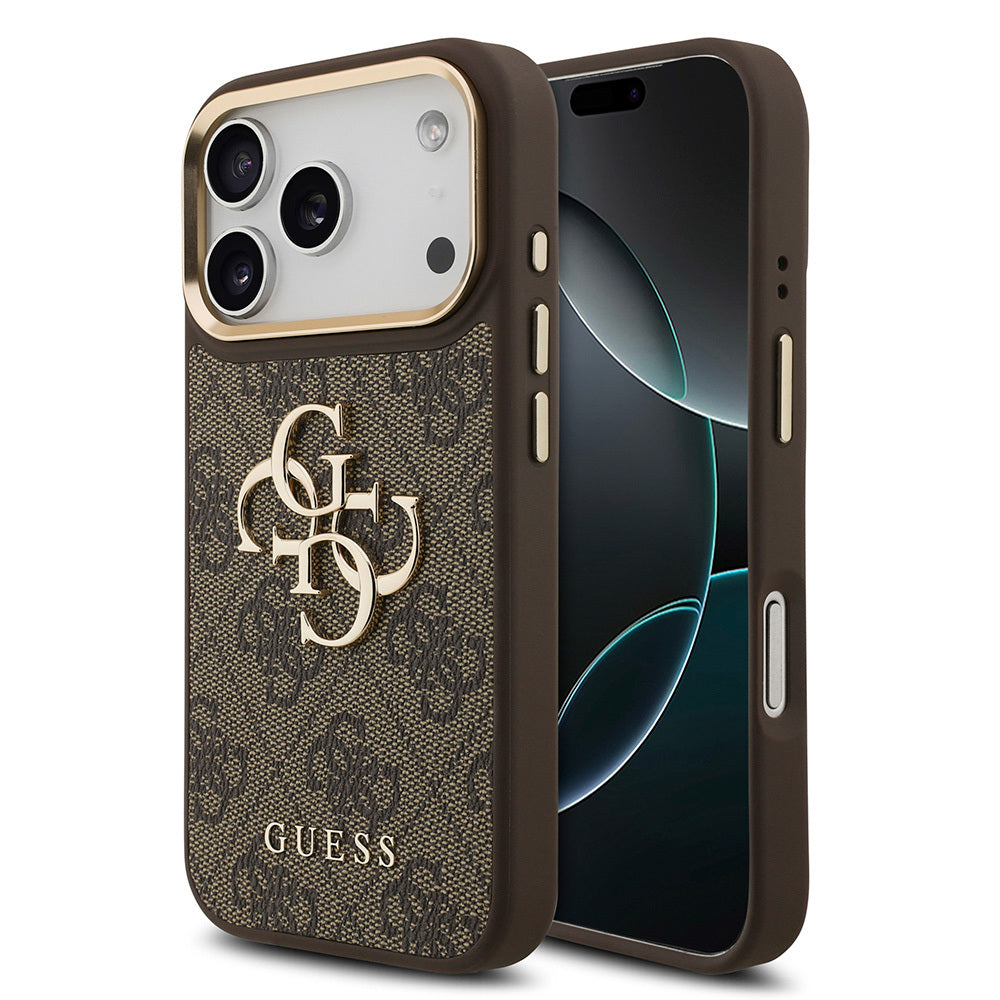 Apple iPhone 18 Pro Kılıf Guess Orjinal Lisanslı Gold Metal Kamera Çerçeveli 4G Desenli Metal Büyük 4G ve Yazı Logolu Kapak