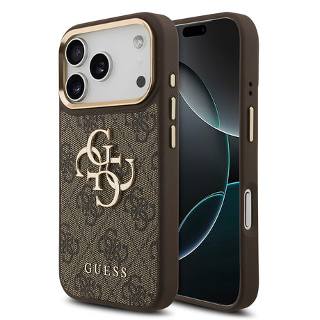 Apple iPhone 18 Pro Kılıf Guess Orjinal Lisanslı Gold Metal Kamera Çerçeveli 4G Desenli Metal Büyük 4G ve Yazı Logolu Kapak