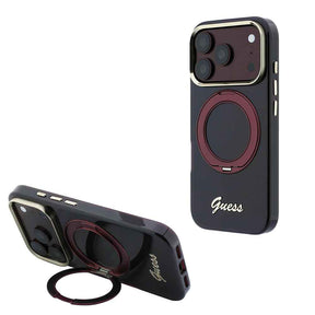 Apple iPhone 18 Pro Kılıf Guess Orjinal Lisanslı M-safe Şarj Özellikli 360 Derece Dönebilen Standlı Metal Yazı Logolu Silikon Kapak