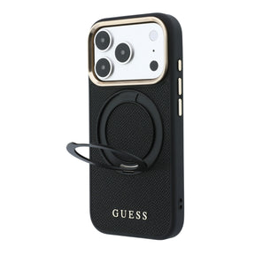 Apple iPhone 18 Pro Kılıf Guess Orjinal Lisanslı M-safe Şarj Özellikli 360 Derece Dönebilen Standlı PU Metal Yazı Logolu Kapak