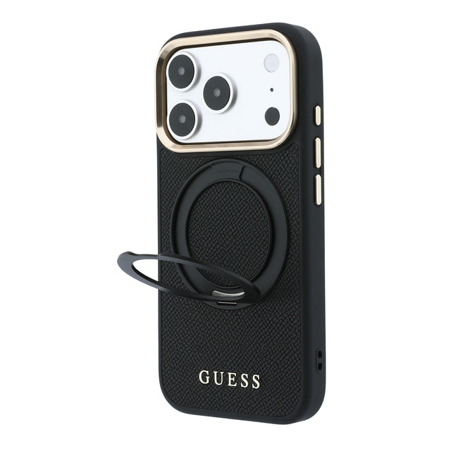 Apple iPhone 18 Pro Kılıf Guess Orjinal Lisanslı M-safe Şarj Özellikli 360 Derece Dönebilen Standlı PU Metal Yazı Logolu Kapak