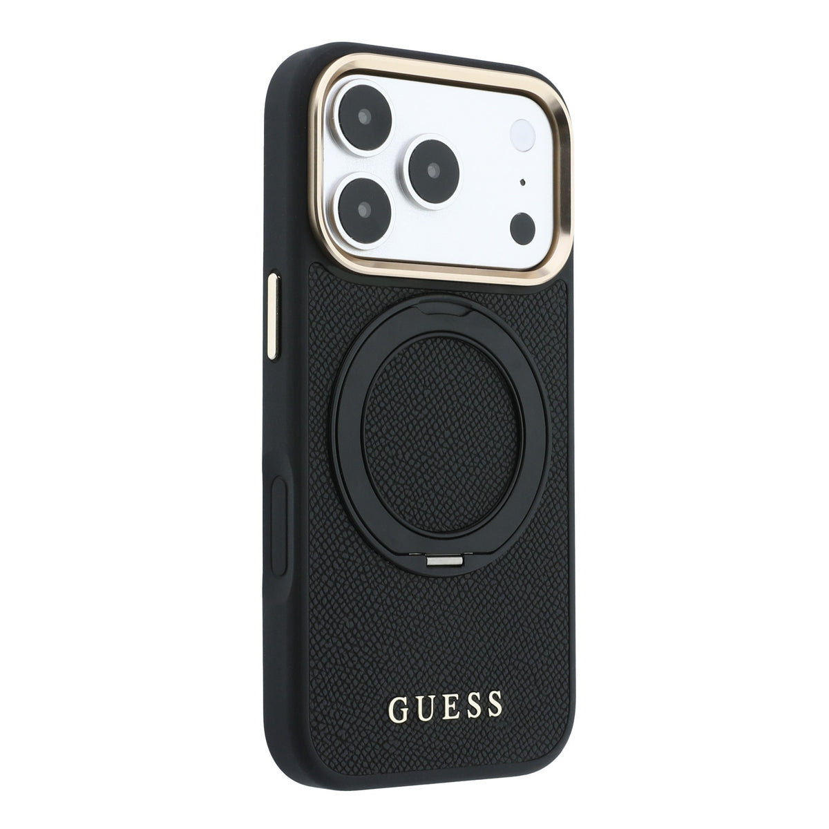 Apple iPhone 18 Pro Kılıf Guess Orjinal Lisanslı M-safe Şarj Özellikli 360 Derece Dönebilen Standlı PU Metal Yazı Logolu Kapak