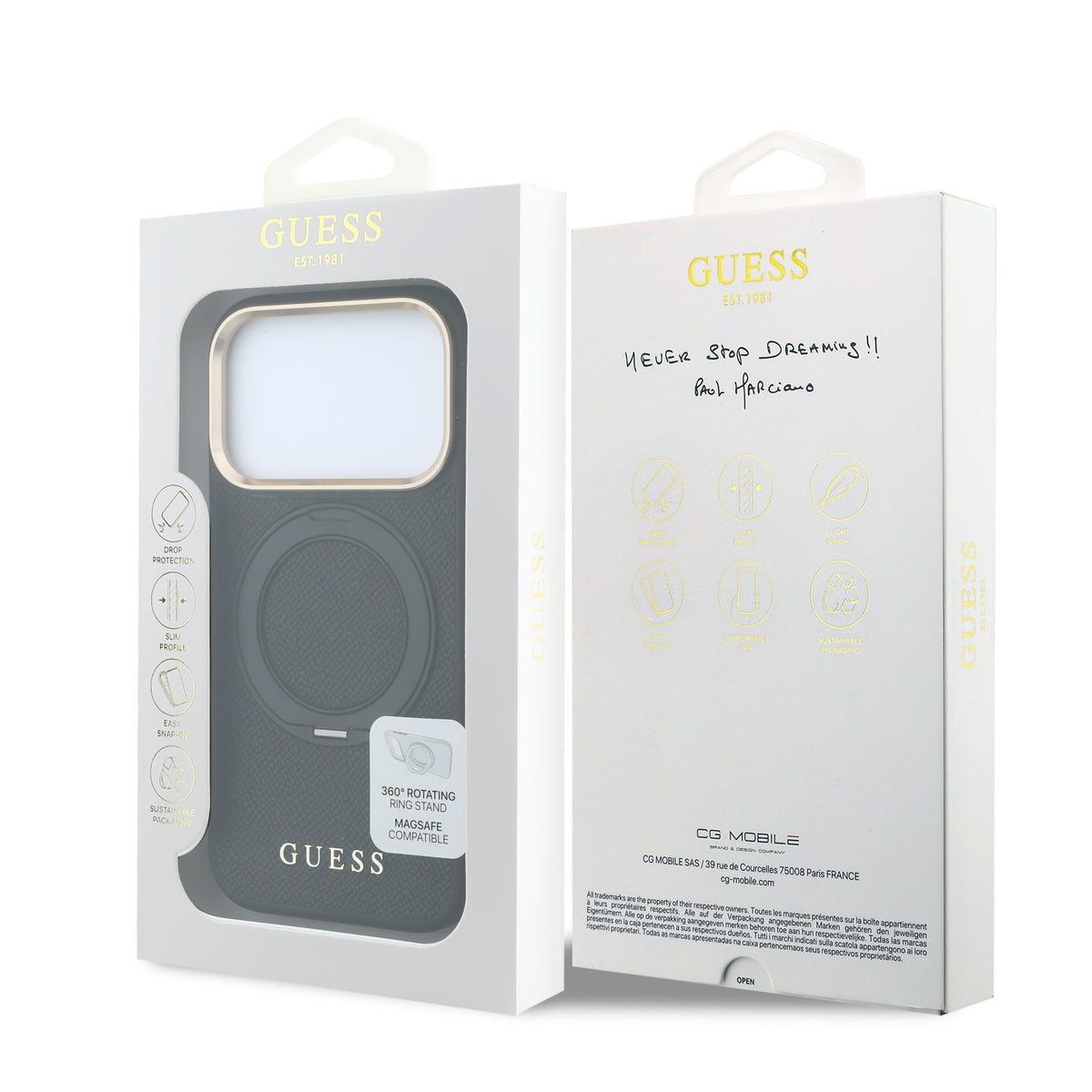 Apple iPhone 18 Pro Kılıf Guess Orjinal Lisanslı M-safe Şarj Özellikli 360 Derece Dönebilen Standlı PU Metal Yazı Logolu Kapak