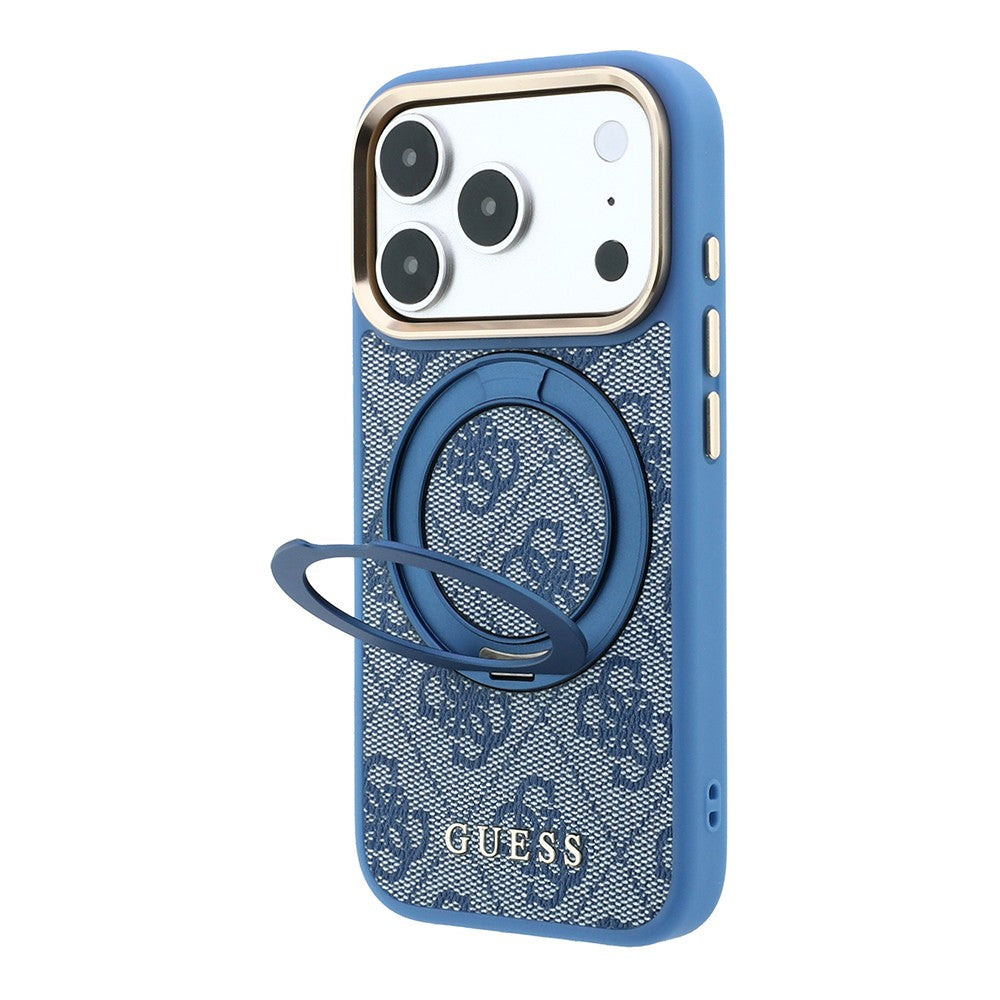 Apple iPhone 18 Pro Kılıf Guess Orjinal Lisanslı M-safe Şarj Özellikli 4G Desenli 360 Derece Dönebilen Standlı Metal Yazı Logolu Kapak