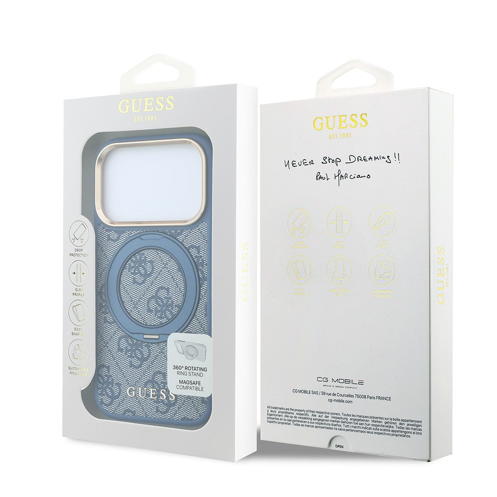 Apple iPhone 18 Pro Kılıf Guess Orjinal Lisanslı M-safe Şarj Özellikli 4G Desenli 360 Derece Dönebilen Standlı Metal Yazı Logolu Kapak