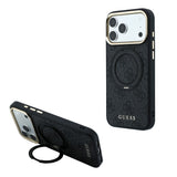 Apple iPhone 18 Pro Kılıf Guess Orjinal Lisanslı M-safe Şarj Özellikli 4G Desenli 360 Derece Dönebilen Standlı Metal Yazı Logolu Kapak