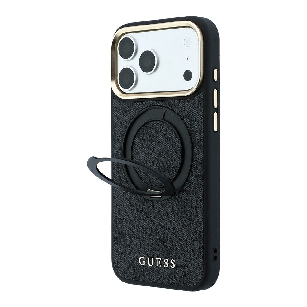 Apple iPhone 18 Pro Kılıf Guess Orjinal Lisanslı M-safe Şarj Özellikli 4G Desenli 360 Derece Dönebilen Standlı Metal Yazı Logolu Kapak