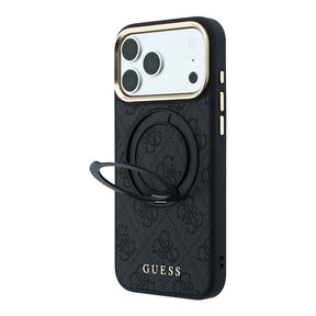 Apple iPhone 18 Pro Kılıf Guess Orjinal Lisanslı M-safe Şarj Özellikli 4G Desenli 360 Derece Dönebilen Standlı Metal Yazı Logolu Kapak