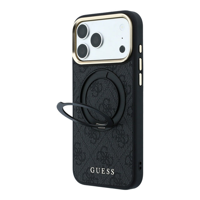 Apple iPhone 18 Pro Kılıf Guess Orjinal Lisanslı M-safe Şarj Özellikli 4G Desenli 360 Derece Dönebilen Standlı Metal Yazı Logolu Kapak