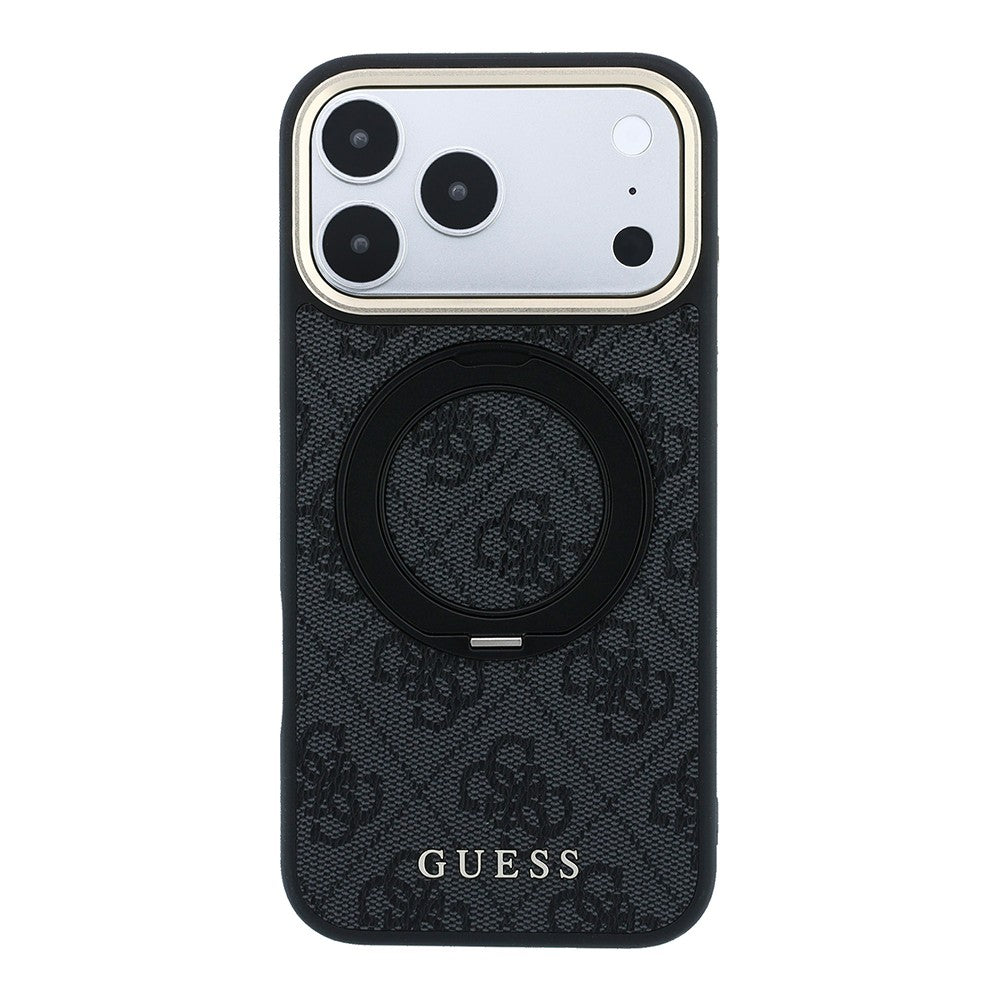 Apple iPhone 18 Pro Kılıf Guess Orjinal Lisanslı M-safe Şarj Özellikli 4G Desenli 360 Derece Dönebilen Standlı Metal Yazı Logolu Kapak