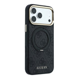 Apple iPhone 18 Pro Kılıf Guess Orjinal Lisanslı M-safe Şarj Özellikli 4G Desenli 360 Derece Dönebilen Standlı Metal Yazı Logolu Kapak