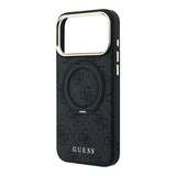 Apple iPhone 18 Pro Kılıf Guess Orjinal Lisanslı M-safe Şarj Özellikli 4G Desenli 360 Derece Dönebilen Standlı Metal Yazı Logolu Kapak
