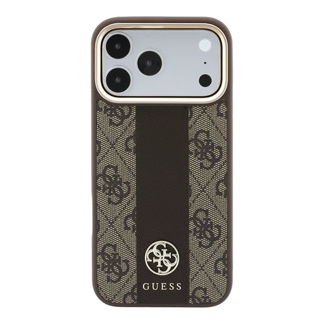 Apple iPhone 18 Pro Kılıf Guess Orjinal Lisanslı M-safe Şarj Özellikli Deri 4G Desenli Şeritli Yazı Logolu Kapak