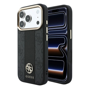 Apple iPhone 18 Pro Kılıf Guess Orjinal Lisanslı M-safe Şarj Özellikli Deri 4G Desenli Şeritli Yazı Logolu Kapak